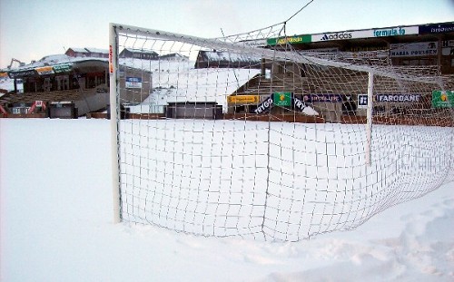 Pitch at Gundadalur Stadium, Torshavn, covered with snow