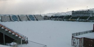 Tórsvøllur Stadium, Faroe Islands, March 2006: covered in snow! 